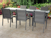 Salon de jardin anthracite 135/270- structure aluminium/verre - chaises alu/textilène - 6 places