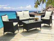 Salon de jardin en r�sine tress�e marron - Table basse avec plateau en verre 92 x 46 x 47 cm + canap� 2 places + 2 fauteuils