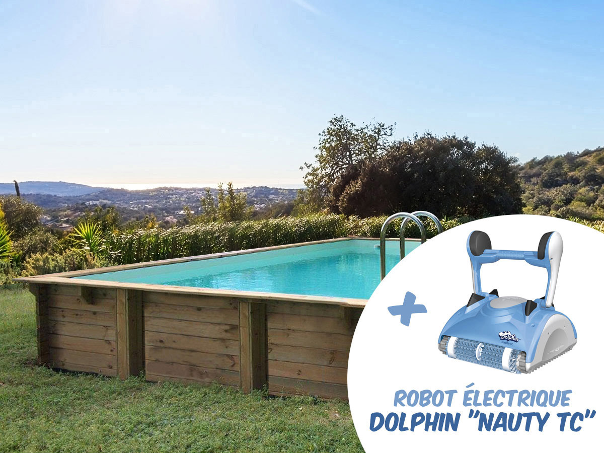 Piscine bois en kit rectangle Tampa - 7.20 x 4.20 x 1.44 m + Robot Dolphin Nauty TC