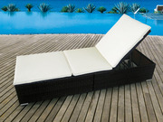 Bain de soleil Luxe - résine tressée MARRON - coussin écru - coffre de rangement