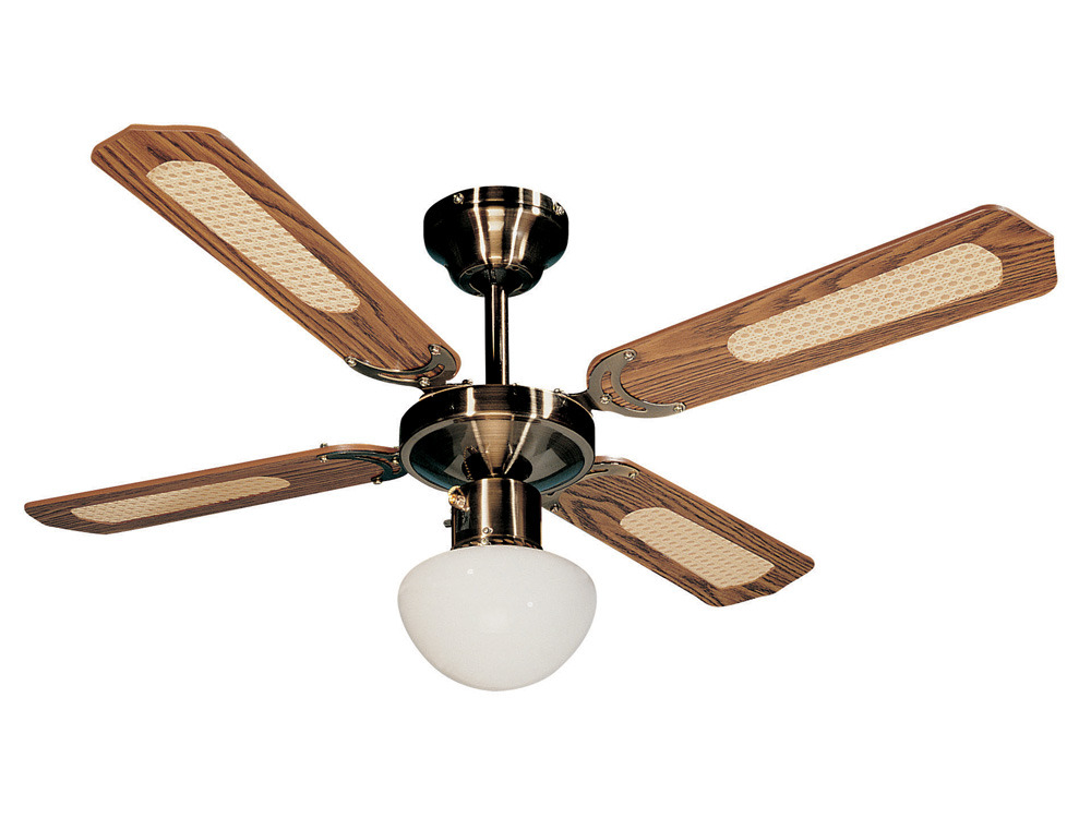 Ventilateur de plafond Bali Ø 107 cm ,4 pales noyer/cannées noyer, 1 globe, laiton antique