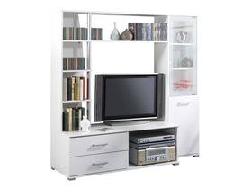 Meuble TV SALT - MDF blanc perle - 2 tiroirs + 5 &eacute;tag&egrave;res + 2 niches+ 2 portes