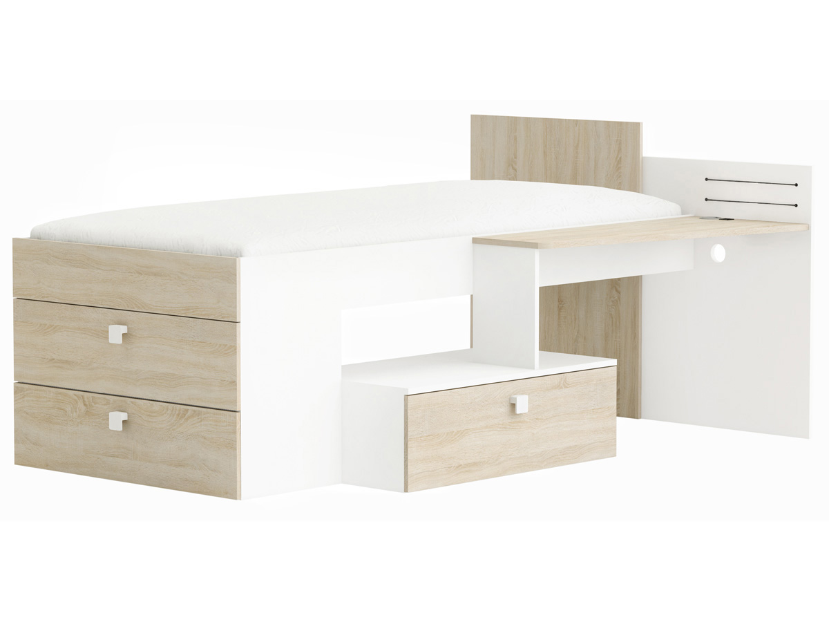 Lit Move- 204,3 x 96,0 x 138,8 cm - Chêne brosse/Blanc perle