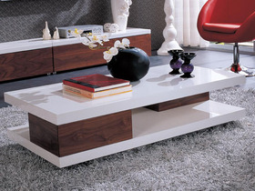 Table basse rectangulaire Primula - MDF laqu&eacute; blanc/melamine walnut